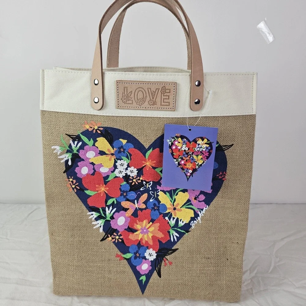 Brighton NWT  Let Love Grow Burlap Tote Bag Floral Heart Farmers Market Shopping